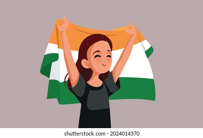 Indian Woman Holding National Flag Vector Cartoon. Happy patriotic Indian girl holding national flag celebrating August 15
