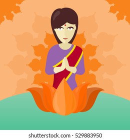 Indian woman isolated on round ornate mandala. Indian girl with crossed hands in colorful robe. Lady from India in national yoga standing behind abstract lotus flower. Vector illustration