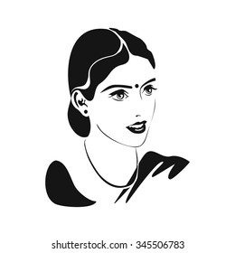 Indian woman. Karva Chauth. Portrait of a married Indian woman with mangala sutra,  bindi on the forehead and a happy smile. Monochrome vector illustration