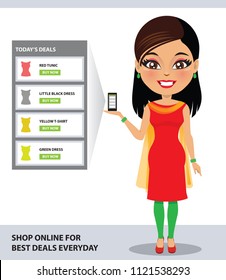 An Indian woman is looking at deals on clothing on her mobile phone in an app/ website