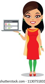 An Indian woman is looking at deals on clothing on her laptop on a website.