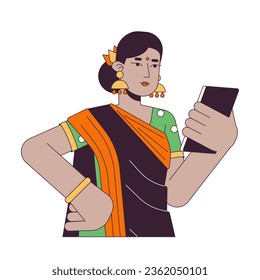 Indian woman looking on smartphone flat line color vector character. Editable outline half body person on white. Online communication simple cartoon spot illustration for web graphic design