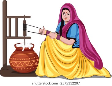 Indian Woman making butter using Bilona