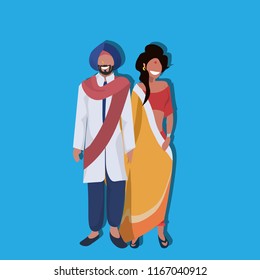 indian woman man couple bindi standing in national traditional clothes female male cartoon character full length flat vector illustration