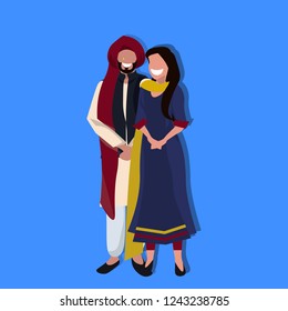 Indian woman man couple standing in national traditional clothes. Female and  male cartoon character, full length flat.