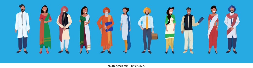 indian woman man standing together national traditional clothes.  Male 
 and female people group cartoon character collection.  Full length horizontal banner flat