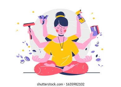 Indian woman with many hands in lotus position vector illustration. Washing appliances and chemicals flat style design. Cleaning room and housekeeper concept