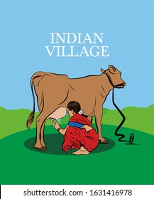 Indian Woman milking cow manually  vector illustration.