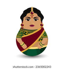 An Indian woman in a national sari dress. Ethnic costume. Design tilting toy. Modern kawaii dolls for your business project. Flat vector.