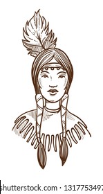 Indian woman  native American with feather in head isolated female character vector sketch woman with pigtails in ethnic clothes portrait tribe member chiefs daughter Texas and western culture.