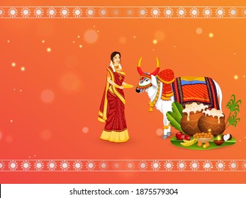 Indian Woman Offering Some To Ox Character With Traditional Dish Mud Pots, Fruits, Sweet (Laddu), Sugarcane On The Occasion Of Pongal.