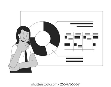 Indian woman office worker interpreting data black and white 2D line character. South asian female analyst looking at presentation chart isolated vector outline person. Monochromatic spot illustration