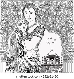 The Indian Woman on the background of architectural elements.Coloring