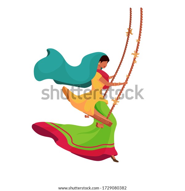 Indian Woman On Swing Flat Color Stock Vector (Royalty Free) 1729080382