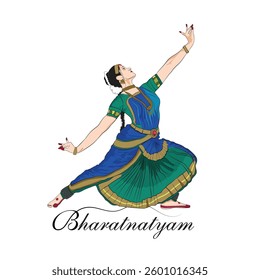 An Indian woman performing dance, Vector illustration of Bharatanatyam, A beautiful woman wearing Indian costume
