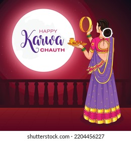 Indian woman performing Hindu married festival ritual of Karwa Cahuth looking moon through a sieve