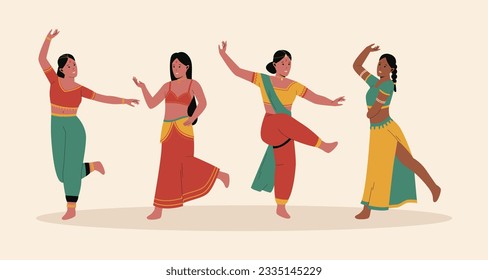 Mujer india haciendo un juego de ilustraciones de baile tradicional. Disfraces tradicionales. Personajes de caricaturas femeninas indias grupales. Ilustración vectorial plana aislada en fondo blanco