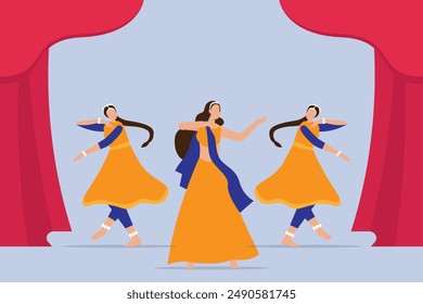 Mujer india que realiza la danza tradicional 2d Ilustración vectorial plana