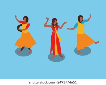 Indian woman performing traditional dance 3d isometric vector illustration