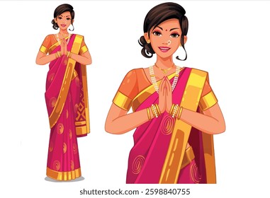 Indian woman in a pink and gold saree, greeting with a Namaste gesture, wearing traditional jewelry.