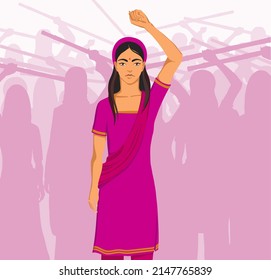 An Indian Woman In A Pink Saree Takes Part In A March Of Women Fighting For Their Rights. Feminists Participate In The Rally. Vector Illustration.