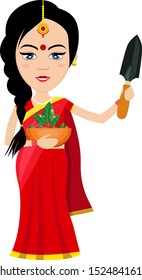 Indian woman with plant , illustration, vector on white background.