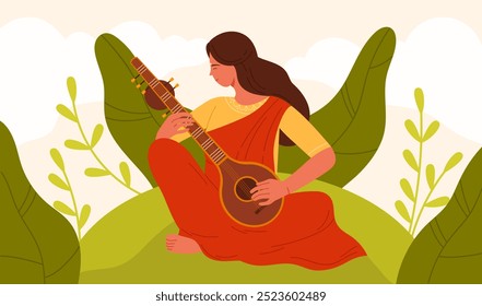 Indian woman playing melody on sitar. Young lady in red saree sitting with traditional Indian guitar to play, female musician with classic musical instrument of India cartoon vector illustration