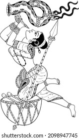 Indische Frau, die auf der nagada indischen Hochzeitsmusik instrumental shehnai und bigul Vektorgrafik Zeichenkette Kunst spielt. Indisches Hochzeitssymbol Schwarz-Weiß-Zeichenkette Illustration.