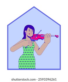 Indian woman playing violin in home 2D cartoon character. Female violinist musical string instrument indoors. Homebody isolated person flat vector on white background. Spot illustration colorful