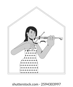 Indian woman playing violin in home black and white 2D line character. Female violinist musical string instrument indoors. Homebody isolated vector outline person. Monochromatic spot illustration