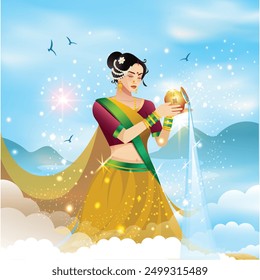 Indian woman praying in the clouds while wearing an Indian saree with a shining blue sky.