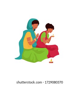 Indian woman praying flat color vector faceless character. Senior woman and young girl light candle. Teej festival isolated cartoon illustration for web graphic design and animation