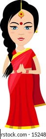 Indian woman praying, illustration, vector on white background.