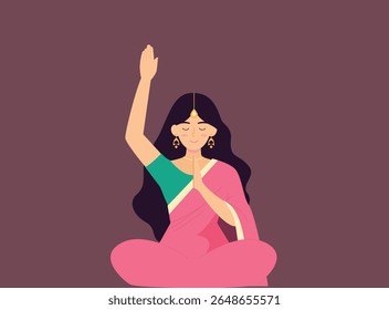 Indian Woman Praying Pose during Hindu Festival Celebration vector illustration