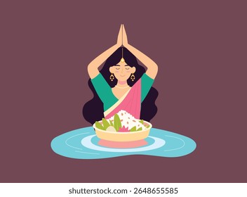 Indian Woman Praying Pose during Hindu Festival Celebration vector illustration