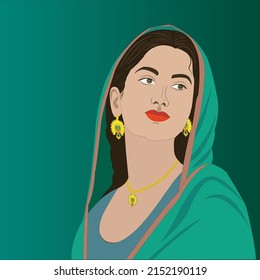 Indian woman profile face with green cloth , golden jewelry on bluish green   background.