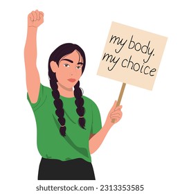 Indian woman protesting against abortion law. Women's rights. My Body My Choice concept. Vector illustration