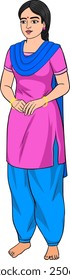 Indian Woman in Punjabi Dress Illustration, Cartoon Indian Woman Character