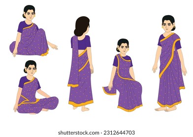 Indian woman with purple saree cartoon character set , Indian Young Female Character for Cartoon , Indian poor girl character vector , Indian Woman character