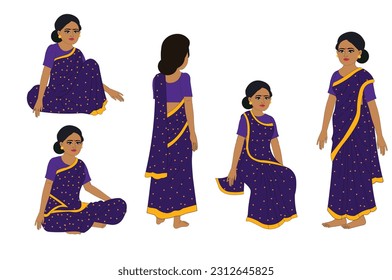 Indian woman with purple saree cartoon character set , Indian Young Female Character for Cartoon , Indian poor girl character vector , Indian Woman character