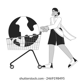 Mujer india empujando el Carrito con el globo de tierra blanco y negro concepto de ilustración 2D. Personaje hindú de dibujos animados de sobreconsumo femenino aislado en blanco. Comprar mundo metáfora monocromo Arte vectorial