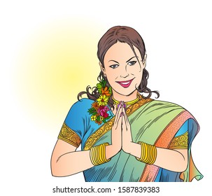 Indian woman raise her hands to respectfully welcome on a white background. hand drawn style vector design illustrations.