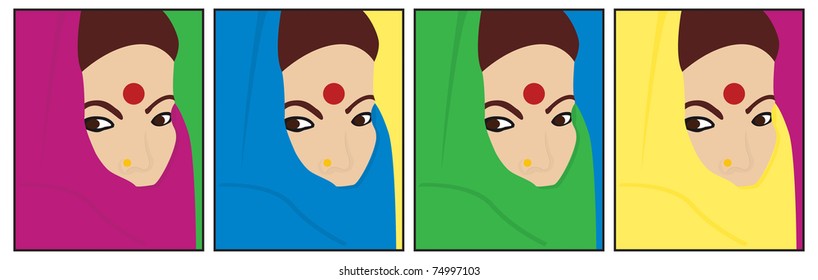 Indian Woman in a range of brightly coloured sari in vector format.