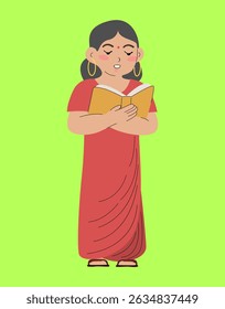 Indian Woman Reading Book in red sari. People reading books and study. vector flat hand drawn illustration. girl cure character cartoon female staying