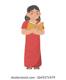 Indian Woman Reading Book in red sari. People reading books and study. vector flat hand drawn illustration. girl cure character cartoon female staying. on white background