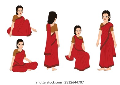 Mujer india con juego de caricaturas de sari rojo , Personaje femenino indio para dibujos animados , vector de personaje femenino pobre indio , personaje femenino indio