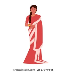 Mujer india en sari rojo de pie. Personaje femenino hermoso joven con el pelo largo en trenza, joyería del oro y vestido tradicional de la India, Ilustración vectorial de dibujos animados del retrato del cuerpo completo de la vista frontal