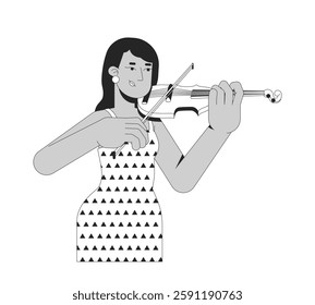 Indian woman in retro dress playing violin with passion black and white 2D line character. Musical talent. Classical musician female isolated vector outline person. Monochromatic spot illustration