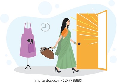 Indian woman return to work after a career break. Vector graphic illustration. Editable vector.