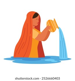 indian woman in the river with vase isolated